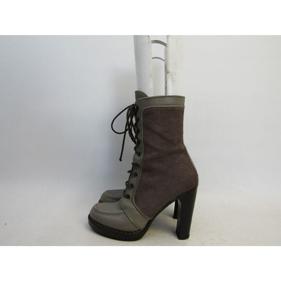 Proenza Schouler Women Sz 38 EUR Gray Leather Laces Pony Hair Fashion Ankle Boot